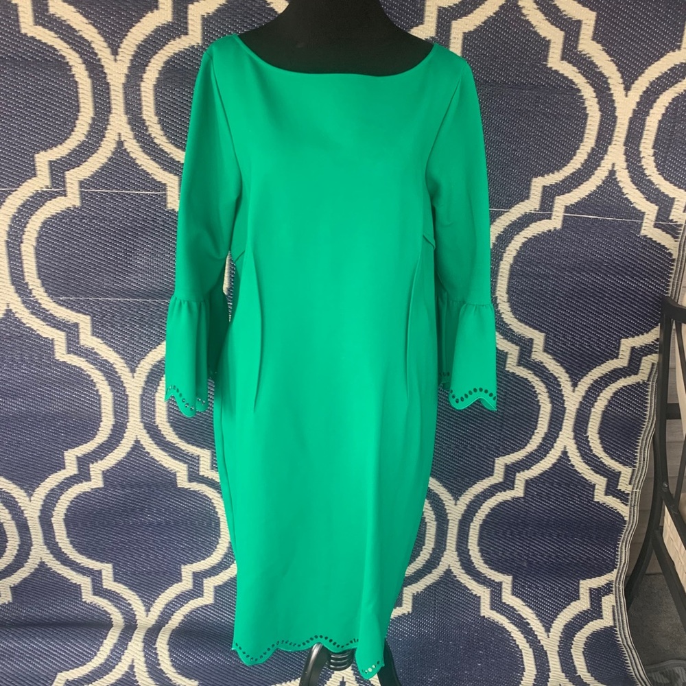 Teri Jon size 18 green laser cut bell sleeve dress
